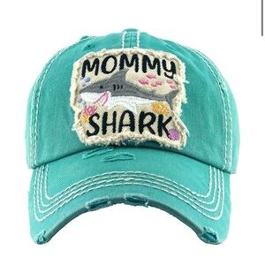 Teal Mommy Shark Vintage Style Distressed Ball Cap